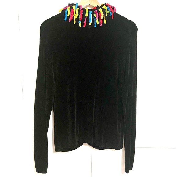 Victoria Harbour Sweater Jacket Full Zip Up Black with Colorful Fringe - Picture 9 of 9